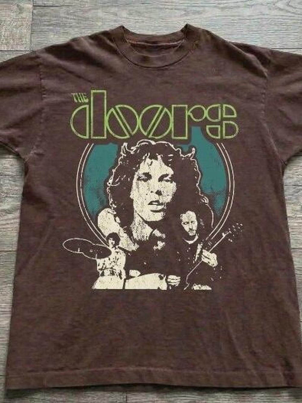 Gildan Brown The Doors Vintage Graphic T-Shirt with Teal and Cream Print